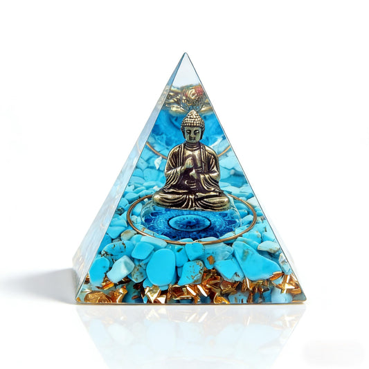 ycyingcheng Moonstone Crystal Orgone Pyramid, Turquoise Ogan Crystal Energy Tower, Bronze Statue Buddha Sculpture Crystal Pyramid for Home Decor (Crystal Pyramid-23)