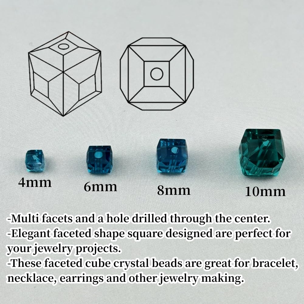 YUEXIGO 40pcs 10mm Cube Crystal Glass Beads for Jewelry Making Faceted Square Crystal Glass Bead Spacer Beads Loose Beads for Bracelet Earring Necklace DIY Craft(Peacock Blue)