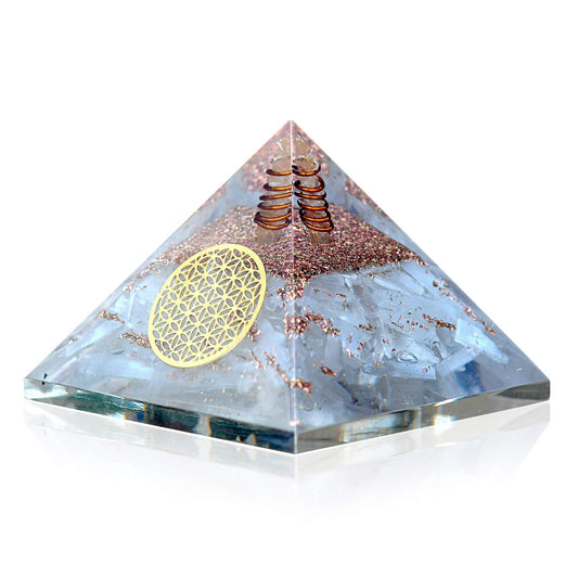 Orgone Selenite Crystal Pyramid with Flower of Life –for Chakra Healing and Spiritual Protection from E-emission and Negative Energy
