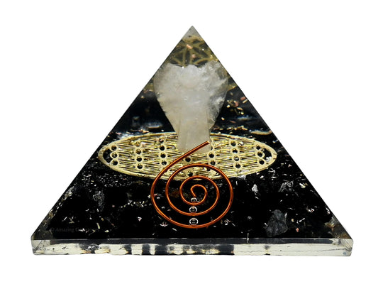 Amazing Gemstone Large Black Tourmaline Orgone Pyramid Crystal, Guardian Angel with Flower of Life Orgonite Pyramid - Positive Energy Healing