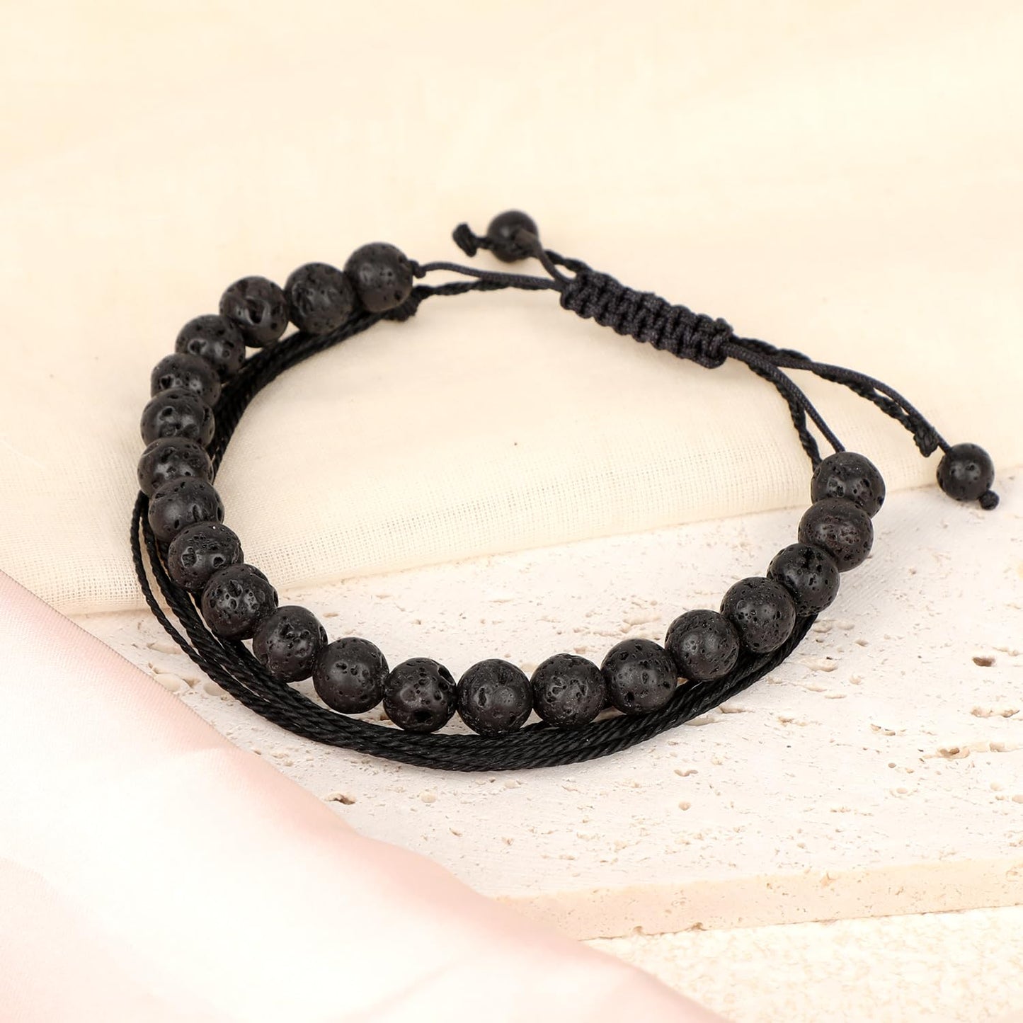 LPBeads 8mm Black Lava Bracelet with Handmade Rope Bracelet Size Adjustable Natural Stone Crystal Healing Bracelets Gifts for Unisex Adults