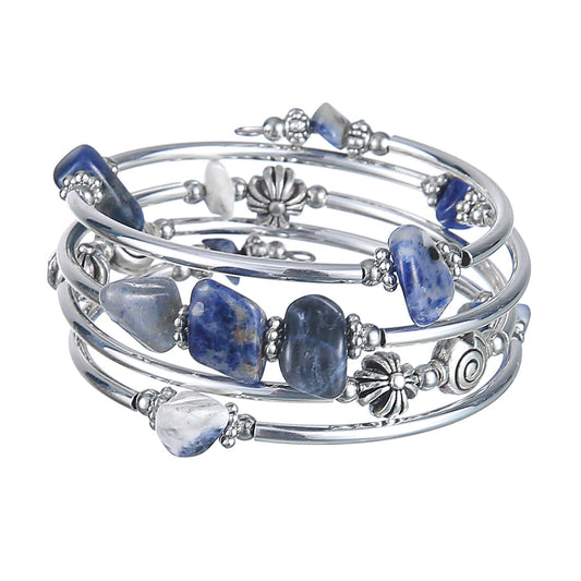 FULU AUTUMN Stone Silver Bangle Wrap Bracelet Boho Turquoise Crystal Chips Bead Bracelets Fashion Jewelry Birthday Gifts for Women(19-Blue)