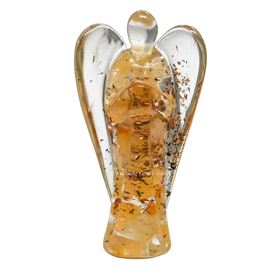 Amazing Gemstone Yellow Aventurine Guardian Angel Figurine Pocket Crystal Angel for Protection - Orgone Guardian Angel with Orgonite Layer and Natural Crystal for Healing Gift (2 Inch, Organite)