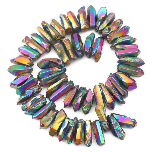 BEADIA Rainbow Titanium Coated Crystal Quartz Spike Point Stick Beads Polished 1.0"-1.5" for Jewelry Making 15 Inch/Strand