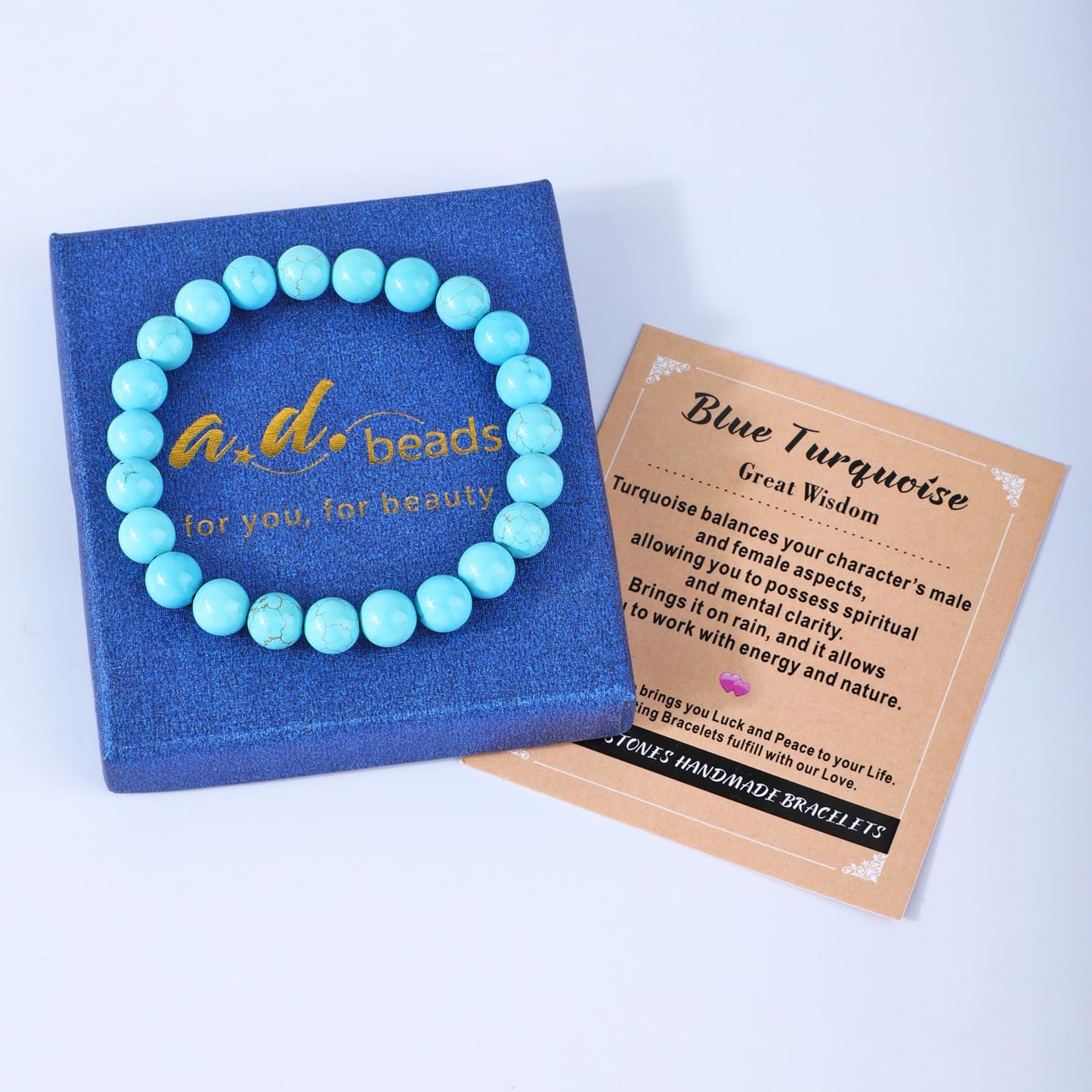 AD Beads 10mm Handmade Blue Turquoise Elastic Bracelet – Natural Gemstone for Great Wisdom – Meditation, Yoga, Healing and Energy Gift for Men Women