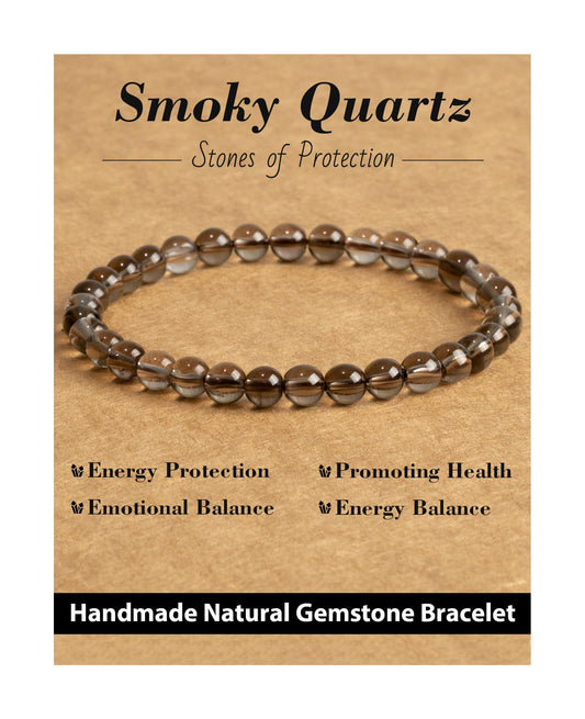 Landorilo Beaded Bracelet for Men Women, 6mm Natural Stone Smoky Quartz Healing Crystal Stretch Bracelets, Ideal Christmas Birthday Jewelry Gifts with Energy Card，Replacement Beads Included