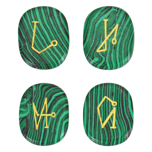 MECCANIXITY 4Pcs Engraved Chakra Stones with Reiki Symbols, Malachite Reiki Healing Crystal Gemstone 7 Chakra Crystal Stones Tumbled Palm Stone for Anxiety Relieve