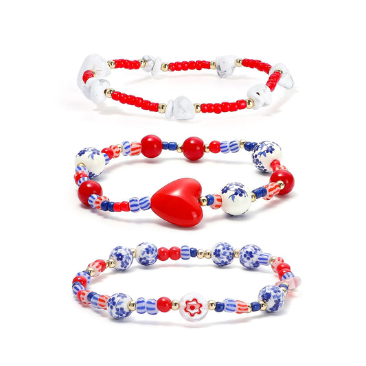 Dainty heart Charm Beads Bracelet for Women Blue And White Vintage Ceramics Flower Bracelet Handmade Stretch Cute Beaded Romantic stackable Jewelry Gifts