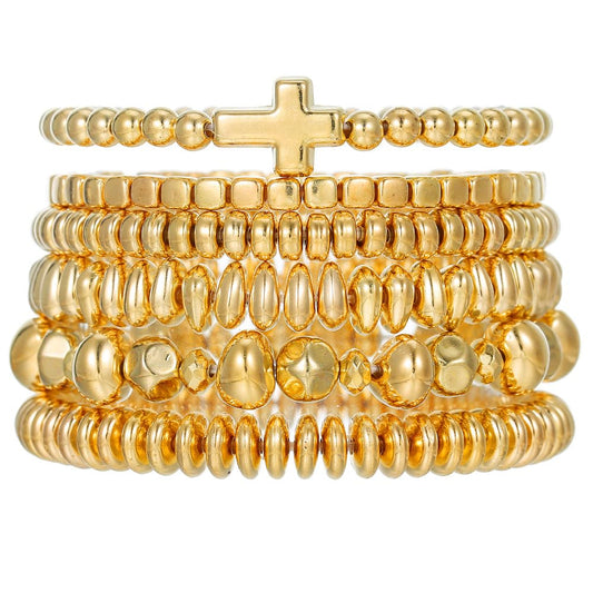 LXSSLY 5Pcs Gold Bead Bracelets Set for Women,14K Gold Plated Stackable Bead Ball Bracelets Set,Adjustable Chunky Bangles Bracelets,Boho Stretch Bead Ball Bracelet for Women (6Gold4)