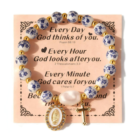Virgin Mary Cross Bracelet,Blue Ceramic Pearl Rosary Bracelets with Miraculous Medal and Cross Charm,Religious Catholic Christian Faith Jewelry Gift Birthday Mothers Day Gifts for Women(blue)