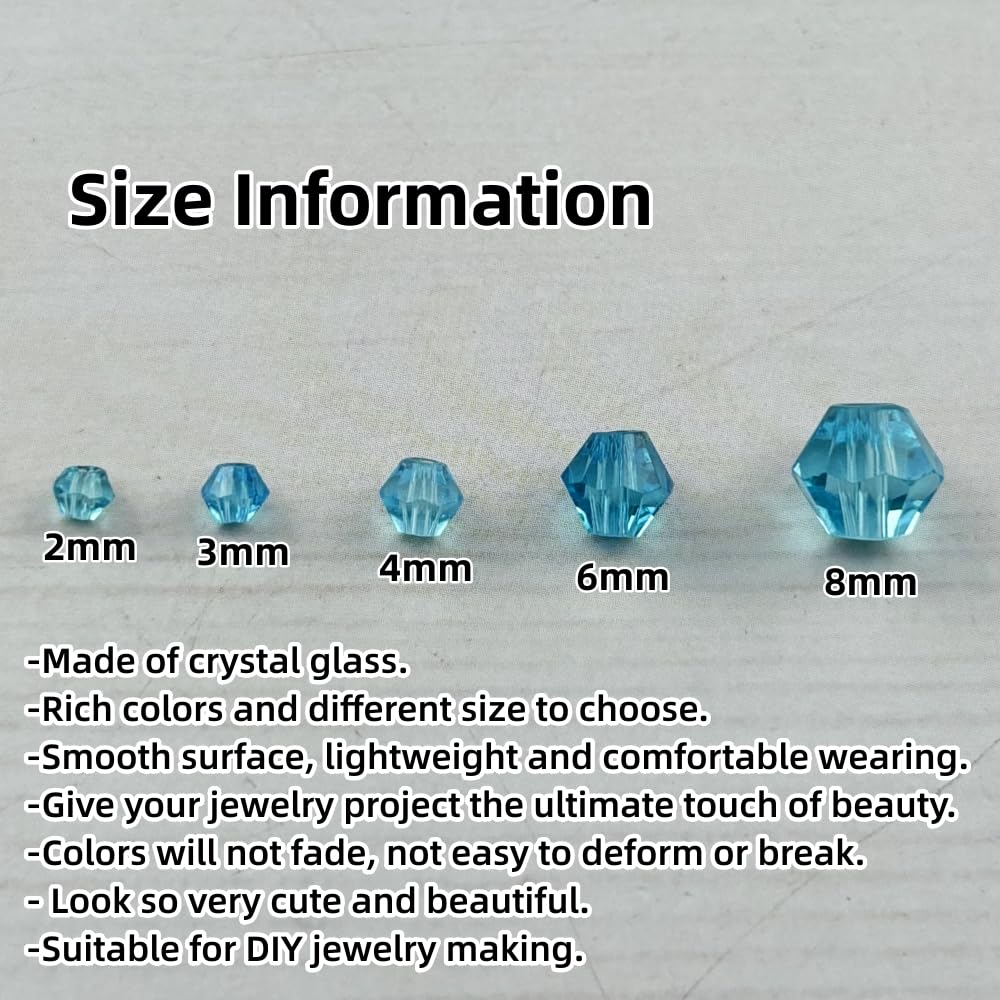 Pinhoollgo 1310pcs Bicone Crystal Glass Beads 2mm 3mm 4mm 6mm 8mm Faceted Crystal Spacer Beads for Bracelets Necklace Pendants Earrings DIY Jewelry Craft Making(Lake Blue)