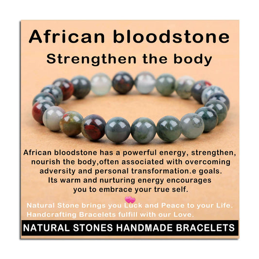 AD Beads Handmade Gemstone Stretch Elastic Bracelet Crystal Healing Reiki Nature's Beauty and Spiritual Essence Unisex (8mm, African Bloodstone (Strengthen the Body))