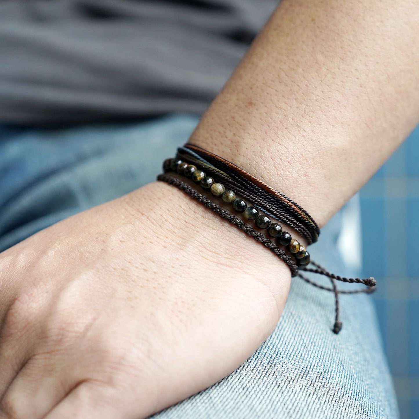 Mezcla Vida Handmade Natural Stone Beaded Healing Bracelet Gift for Men Adjustable Rope String Bracelet (Tiger Eye（Dark）, Adjustable)