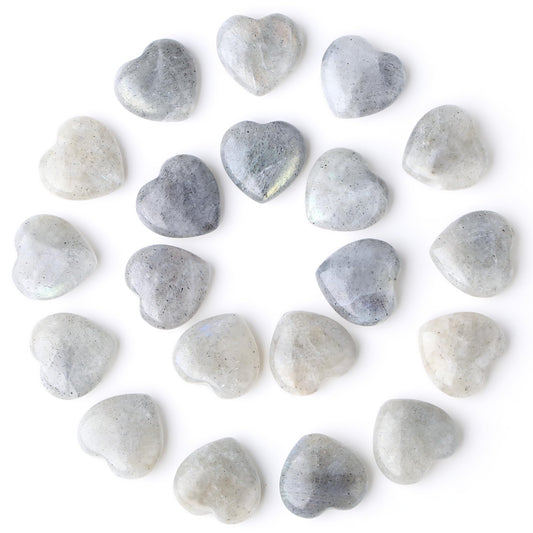 YATOJUZI 20PCS Heart Stone Labradorite Natural Healing Crystals Moonstone Love Crystal Heart Bulk Wholesale Polished Stones Cute Pocket Gemstones Reiki Energy Gifts for Women