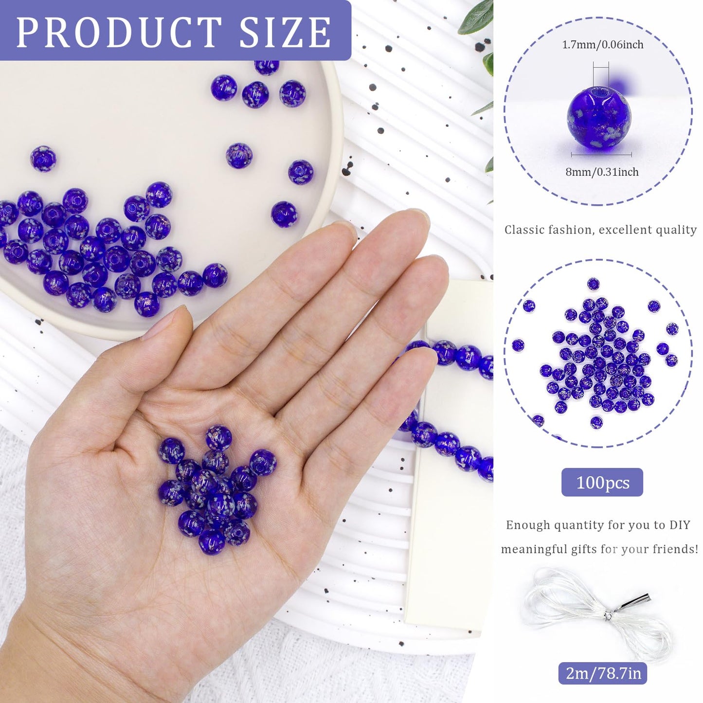 100PCS 8mm Glow in The Dark Beads Royal Blue Glow in The Dark Bead Glass Crystal Round Beads 1.5~2mm Hole with Rope for DIY Jewelry Craft Making