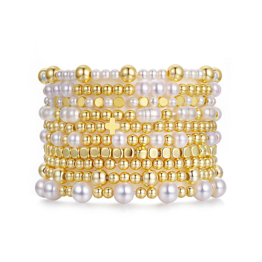 COLOYAN 10PCS Gold Bracelets for Women Stack, Cross Beaded Strand Bead Ball Stackable Gold Bracelet, Pearl Beaded Bracelets Elastic Bracelet Set