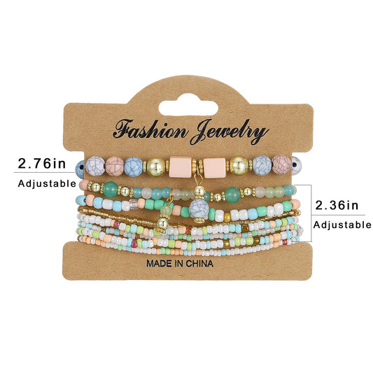 IFKM 8PCS Beaded Bracelets for Women, Multilayered Stackable Strand Stretch Bead Bracelet Pack Handmade Trendy Bohemian Charm Jewelry Colorful