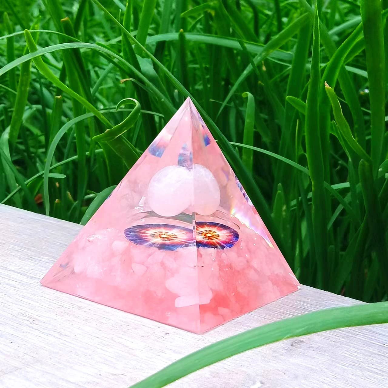 ycyingcheng Moonstone Crystal Orgone Pyramid Ogan Crystal Energy Tower, Nature Reiki Chakra Crushed Stone Jewelry, Crystal Pyramid for Home Decor (Pink Quartz)
