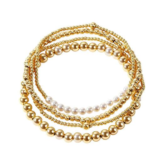 CLOORDE 4 Pcs Gold Beaded Bracelets for Women Layered 14k Gold Plated Beads Bracelets Trendy Stretch Stack Pearl Golden Beaded Brace-lets Wedding Party Prom Hand Jewelry Accessories Gifts for Her