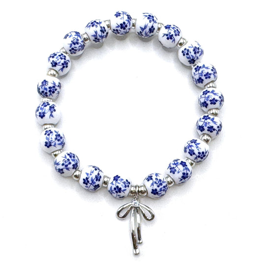 Vintage Beaded Charm Bracelet for Women - Handmade Stretch Floral Bow Design, Dainty Jewelry Gift for Her, Adjustable Romantic Bracelets for Everyday Wear (Blue(silver))