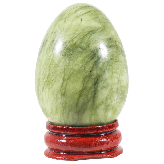 Casaper 2" Natural Green Jade Egg with Wood Stand for Home Decoration, Polished Crystal Pocket Palm Sphere Fengshui Figurines Healing Reiki