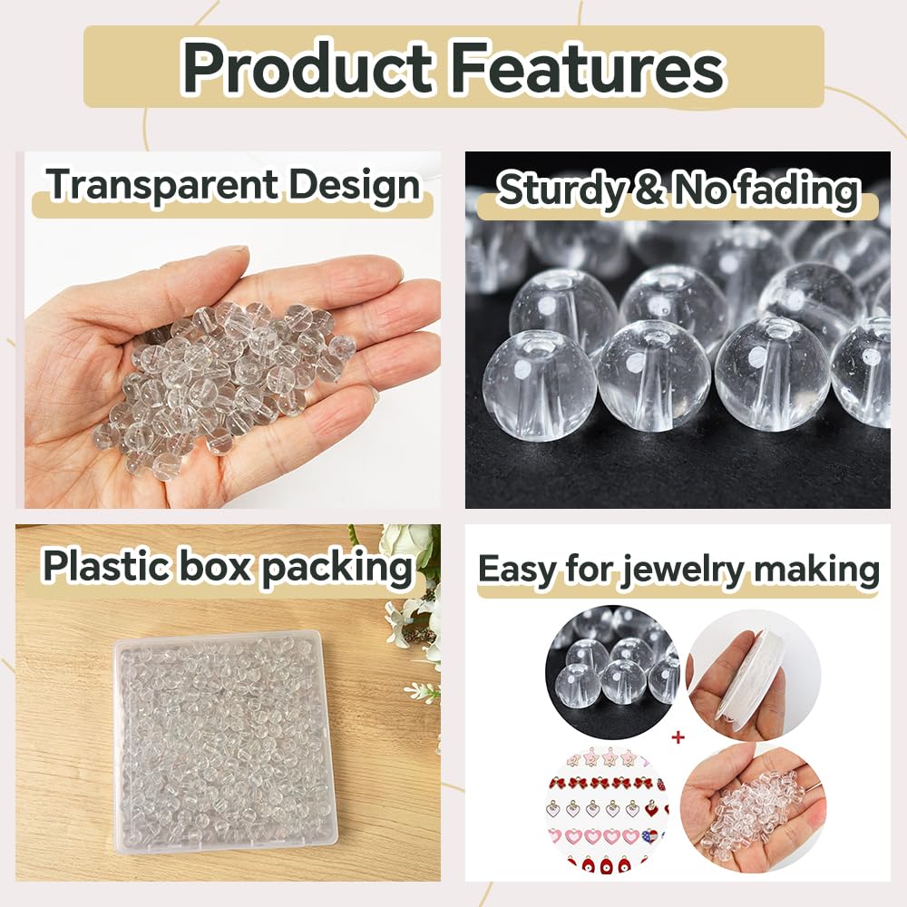 PAMIR TONG 400pcs 8mm Round Glass Beads for Bracelet Pretty Smooth Loose Beads for Necklace-Earring-Jewelry Making and DIY Crafts (Clear White)
