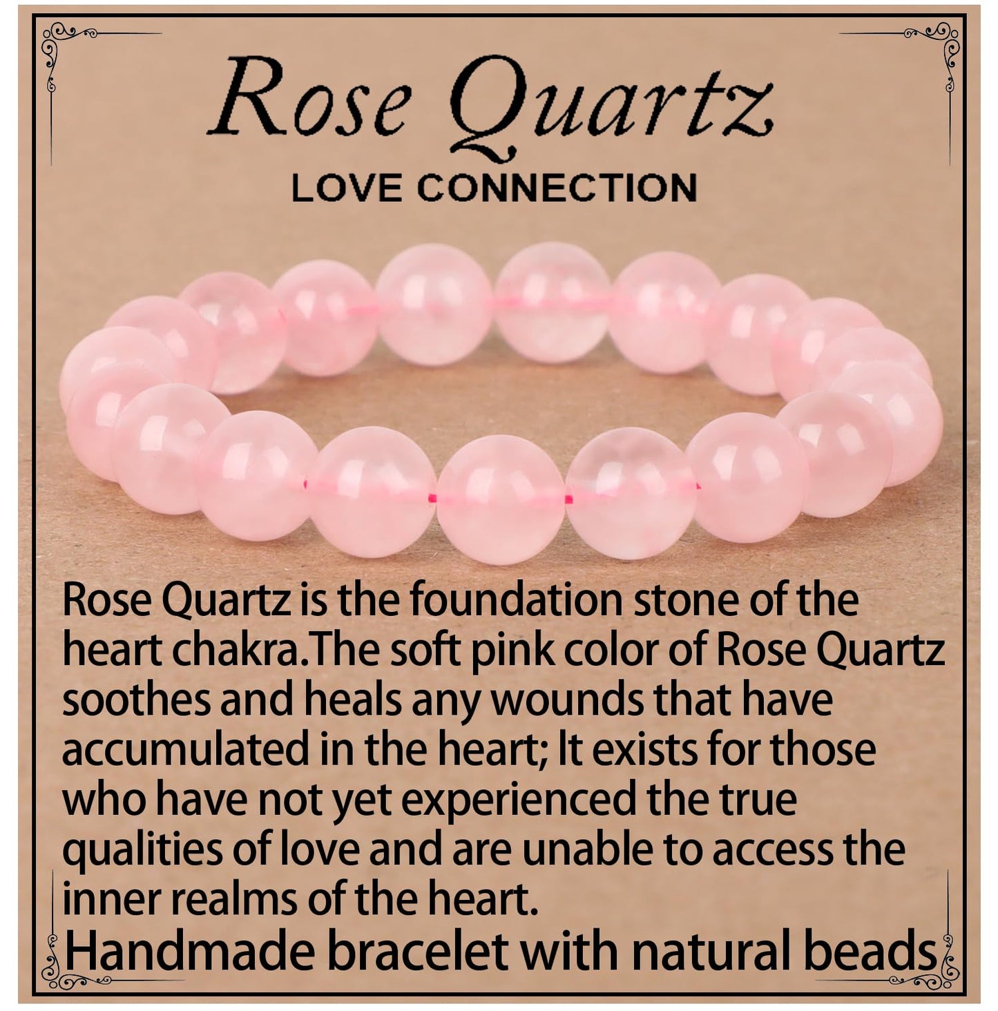 LPBeads Handmade Natural Gemstone Stretch Elastic 10mm Rose Quartz Bracelet Healing Crystal Round Stone Beads Jewelry Gifts for Women Men