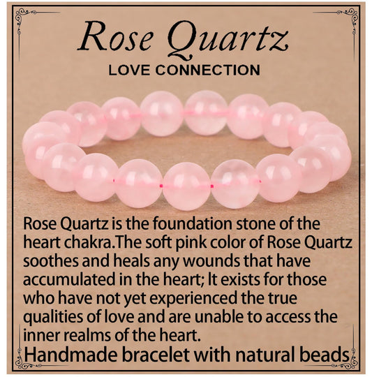 LPBeads Handmade Natural Gemstone Stretch Elastic 10mm Rose Quartz Bracelet Healing Crystal Round Stone Beads Jewelry Gifts for Women Men