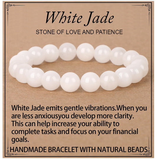 LPBeads Handmade Natural Gemstone Stretch Elastic Bracelet Healing Crystal Round Stone Beads Jewelry Gifts for Women Men (White Jade, 10mm)