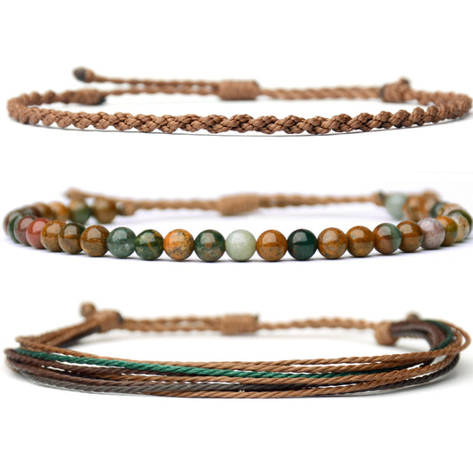Handmade Natural Stone Beaded Healing Bracelet Gift for Men Adjustable Rope String Bracelet (Ocean Agate, Adjustable)
