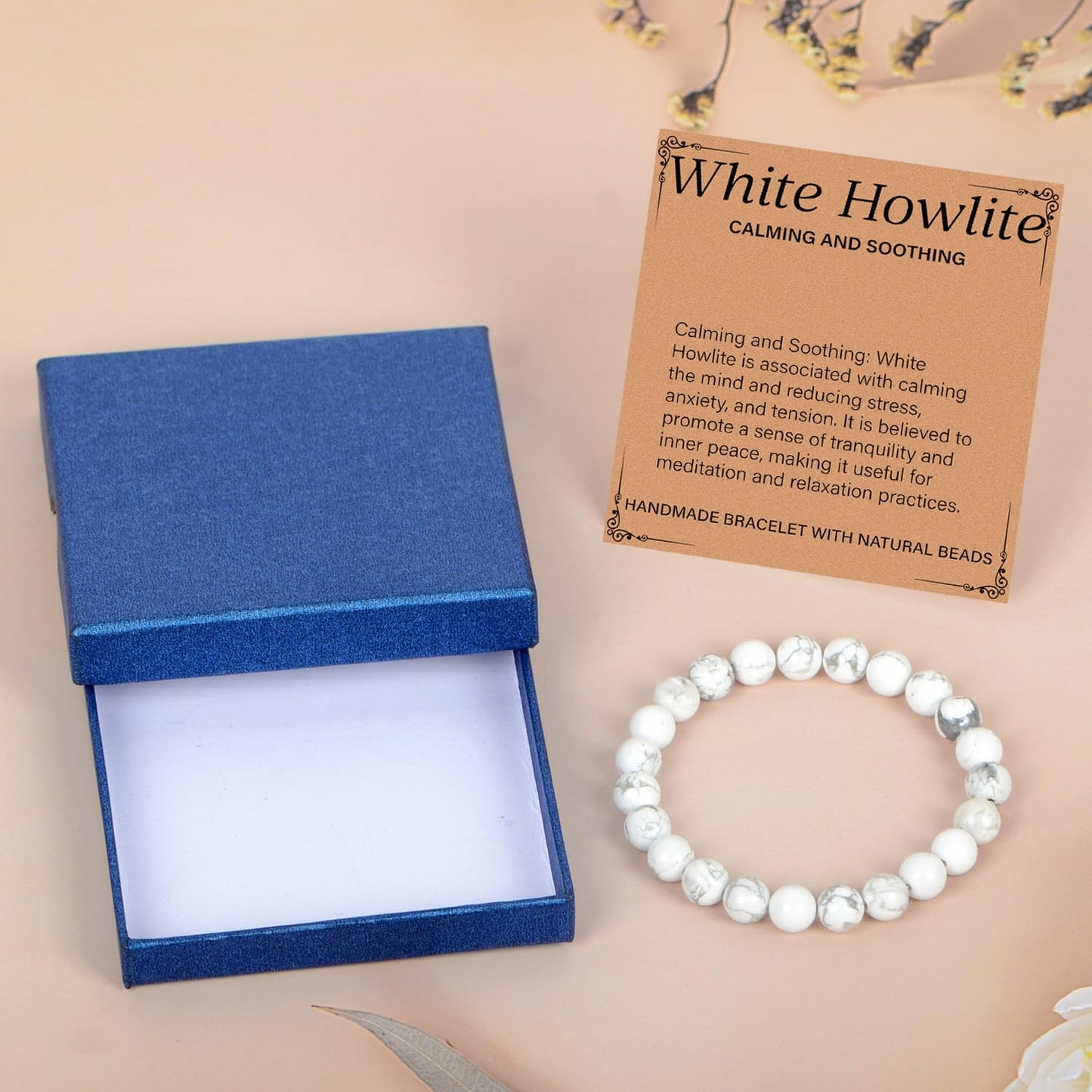 LPBeads Handmade Natural Gemstone Stretch Elastic 8mm White Howlite Bracelet Healing Crystal Round Stone Beads Jewelry Gifts for Women Men