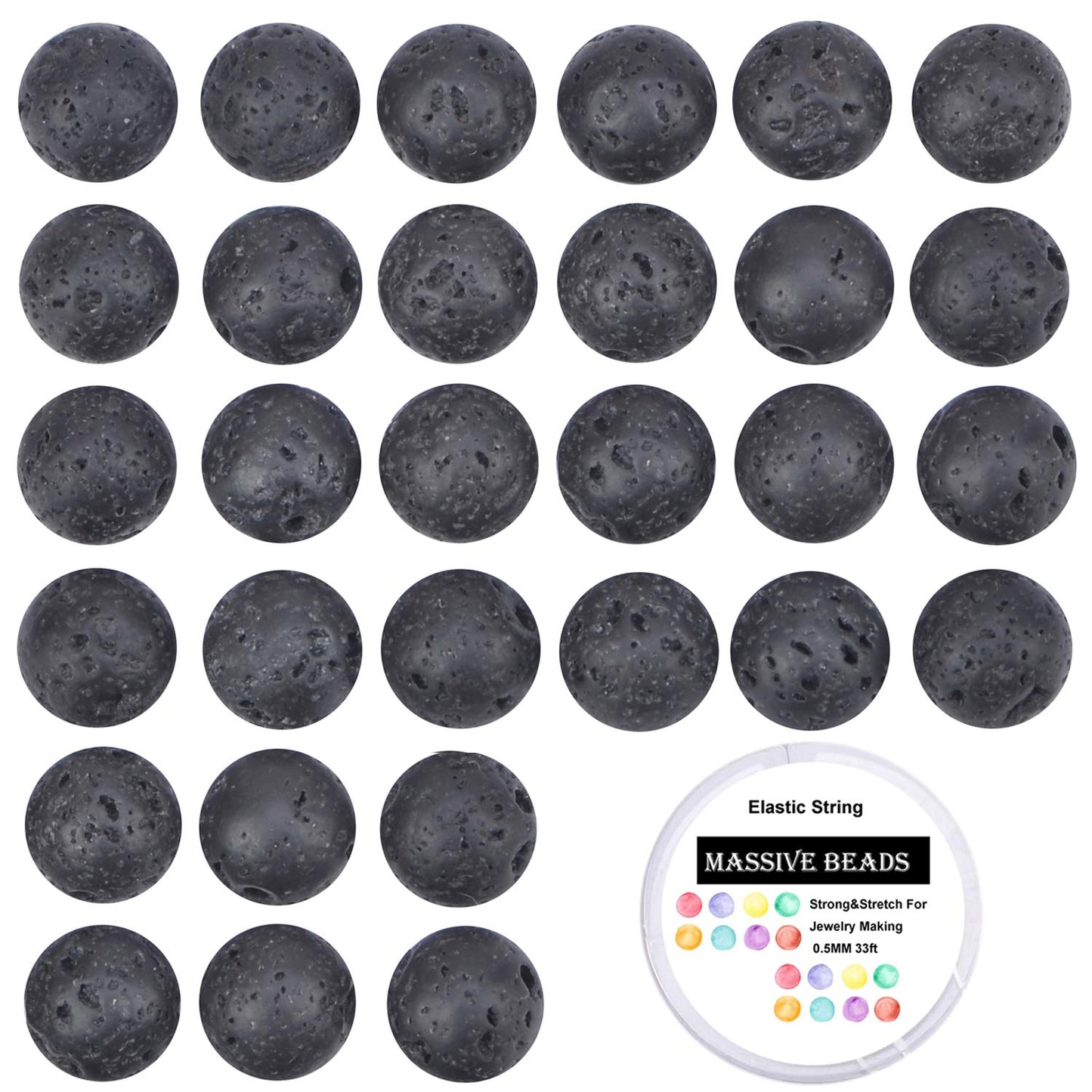 80Pcs Natural Crystal Beads Stone Gemstone Round Loose Energy Healing Beads with Free Crystal Stretch Cord for Jewelry Making (Black Lava, 10mm)