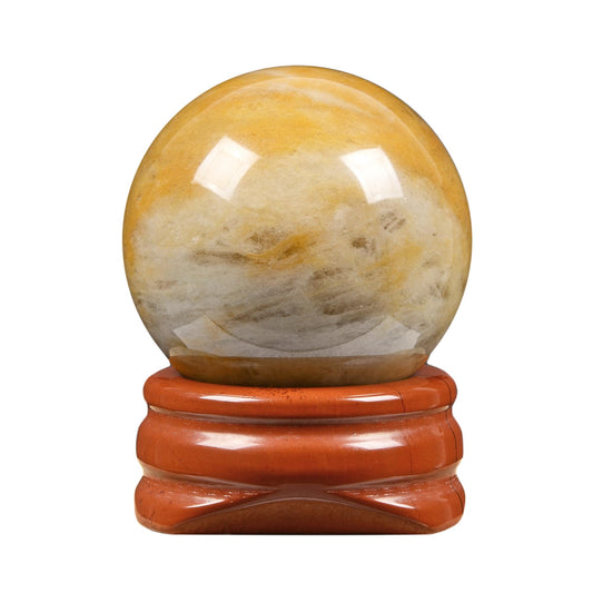 Justinstones Natural Polished Yellow Jade Sphere with Red Jasper Stand – Handcrafted Gemstone 30mm Ball for Energy Healing, Meditation, and Home Décor