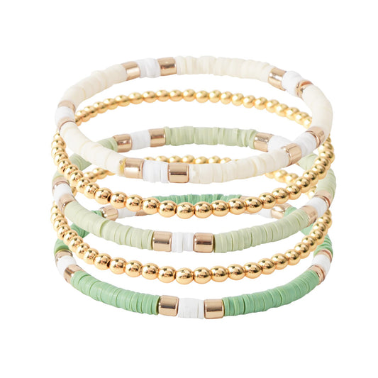 GOOJIDS Surfer Heishi Clay Bead Bracelets for Women Bohemian Stackable Gold Plated Beaded Stretch Bracelets Elastic Layering Friendship Bracelets Set Boho Jewelry