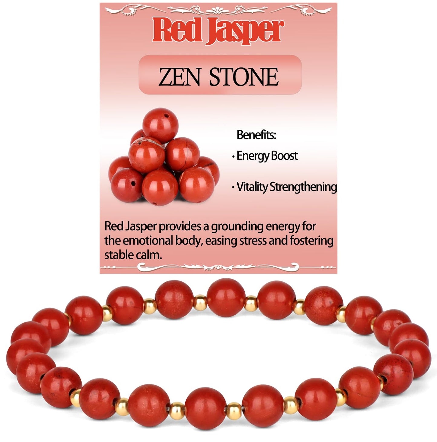 QOGIR Red Jasper - Zen Stone - 14K Gold Plated Beads Natural Gemstone Stretch Elastic Dainty Healing Beaded Bracelets Gifts 6mm