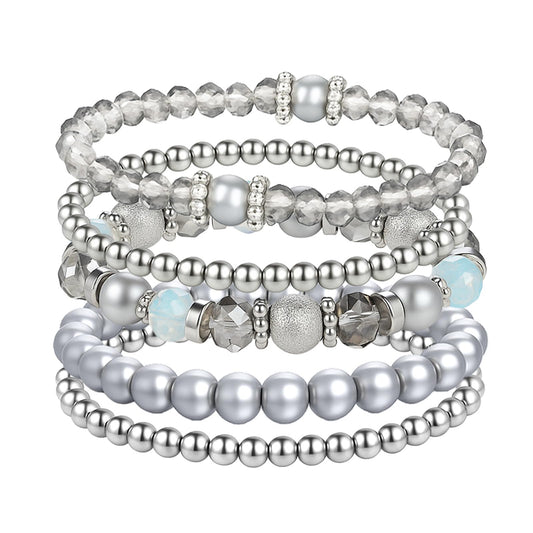 Heclia Beaded Stretch Bracelets Silver Stackable Crystal Beads Bracelets 5PCS Beaded Boho Stretch Bracelet Layering Crystal Stone Bead Bracelet Trendy Costume Jewelry Gifts for Women