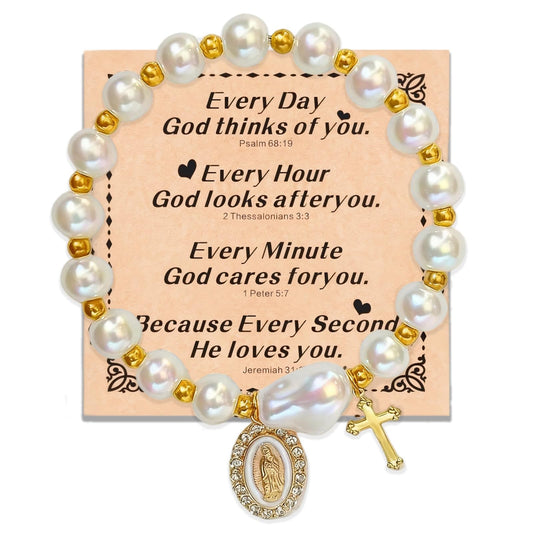 Virgin Mary Cross Bracelet,Blue Ceramic Pearl Rosary Bracelets with Miraculous Medal and Cross Charm,Religious Catholic Christian Faith Jewelry Gift Birthday Mothers Day Gifts for Women (white)