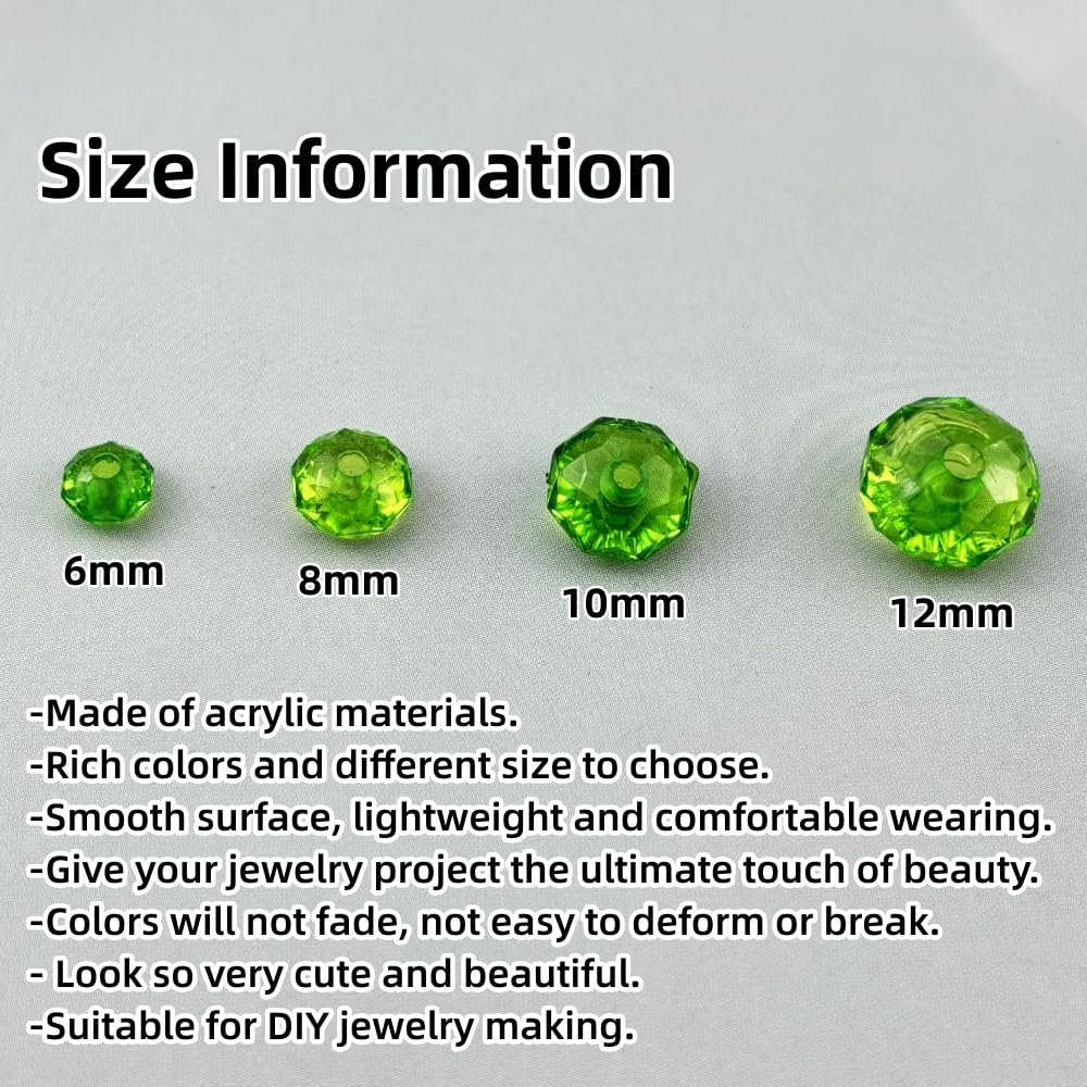 YHYPOCI 200pcs 10mm Acrylic Crystal Beads, Faceted Rondelle Acrylic Spacer Beads for Wind Chimes Bracelet Necklace Earring Keychain Jewelry Making DIY Crafts(Green)