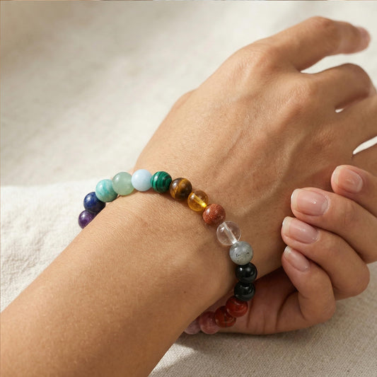 EQUBIO Natural Gemstone Chakra Bracelet Handmade Elastic Stretch Crystal Beaded Bracelet 7 Chakra Stones for Balance Yoga Meditation Spiritual Jewelry Gift for Women Men Birthday Christmas