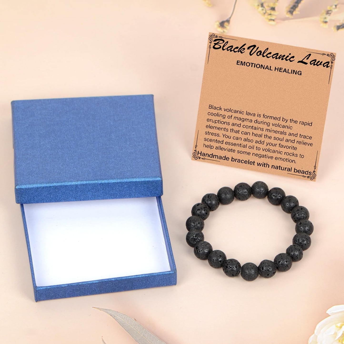 LPBeads Handmade Natural Gemstone Stretch Elastic 10mm Black Lava Bracelet Healing Crystal Round Stone Beads Jewelry Gifts for Women Men