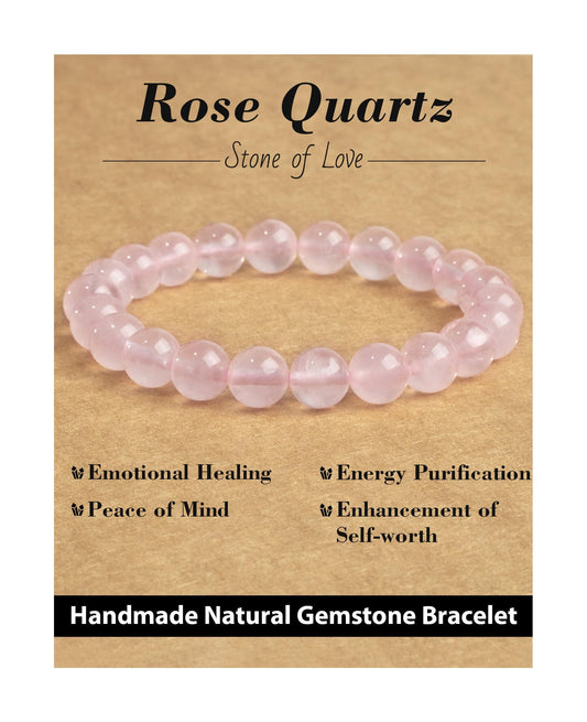 Landorilo Beaded Bracelet for Men Women, 8mm Natural Stone Rose Quartz Healing Crystal Stretch Bracelets, Ideal Christmas Birthday Jewelry Gifts with Energy Card，Replacement Beads Included