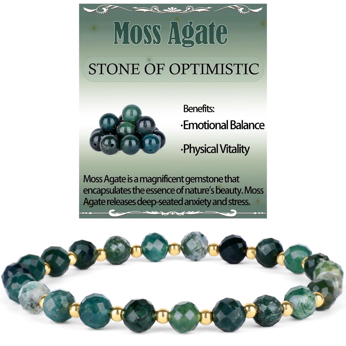 QOGIR Moss Agate - Stone of Optimistic - 14K Gold Plated Beads Natural Gemstone Stretch Elastic Dainty Healing Beaded Bracelets Gifts 6mm