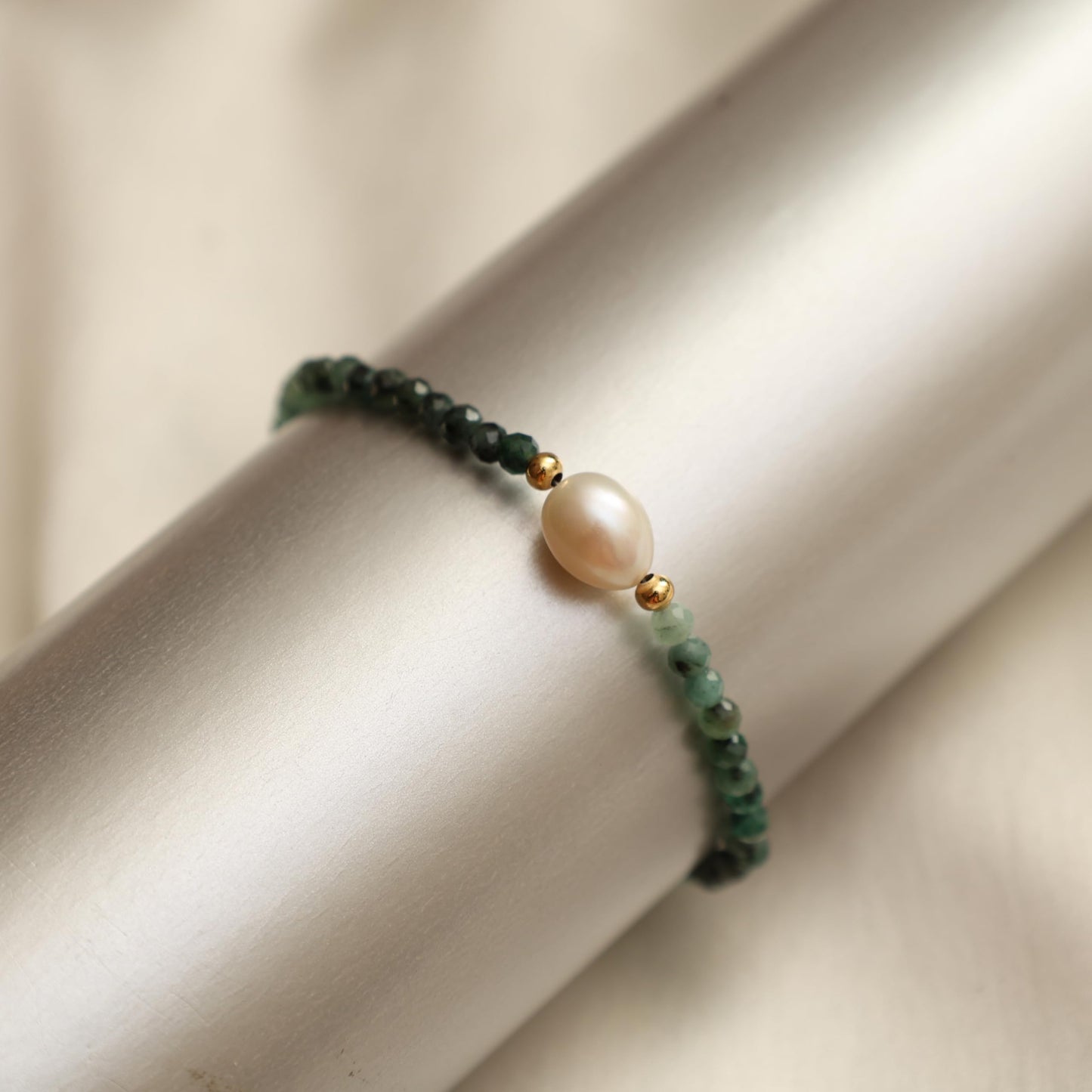 Gempires Emerald Beads with Freshwater Pearl Beaded Bracelet May Birthstone Jewelry Hypoallergenic Gold Plated 7.5 Inch Adjustable Chain Unique Everyday Wear Jewelry