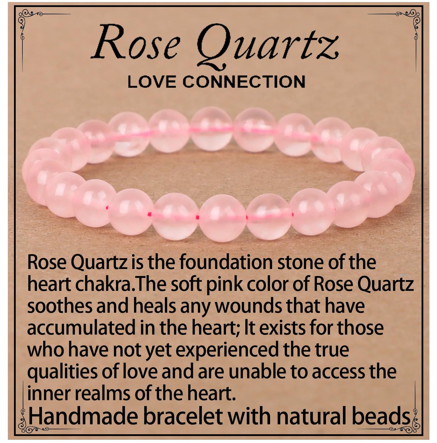 LPBeads Handmade Natural Gemstone Stretch Elastic 8mm Rose Quartz Bracelet Healing Crystal Round Stone Beads Jewelry Gifts for Women Men