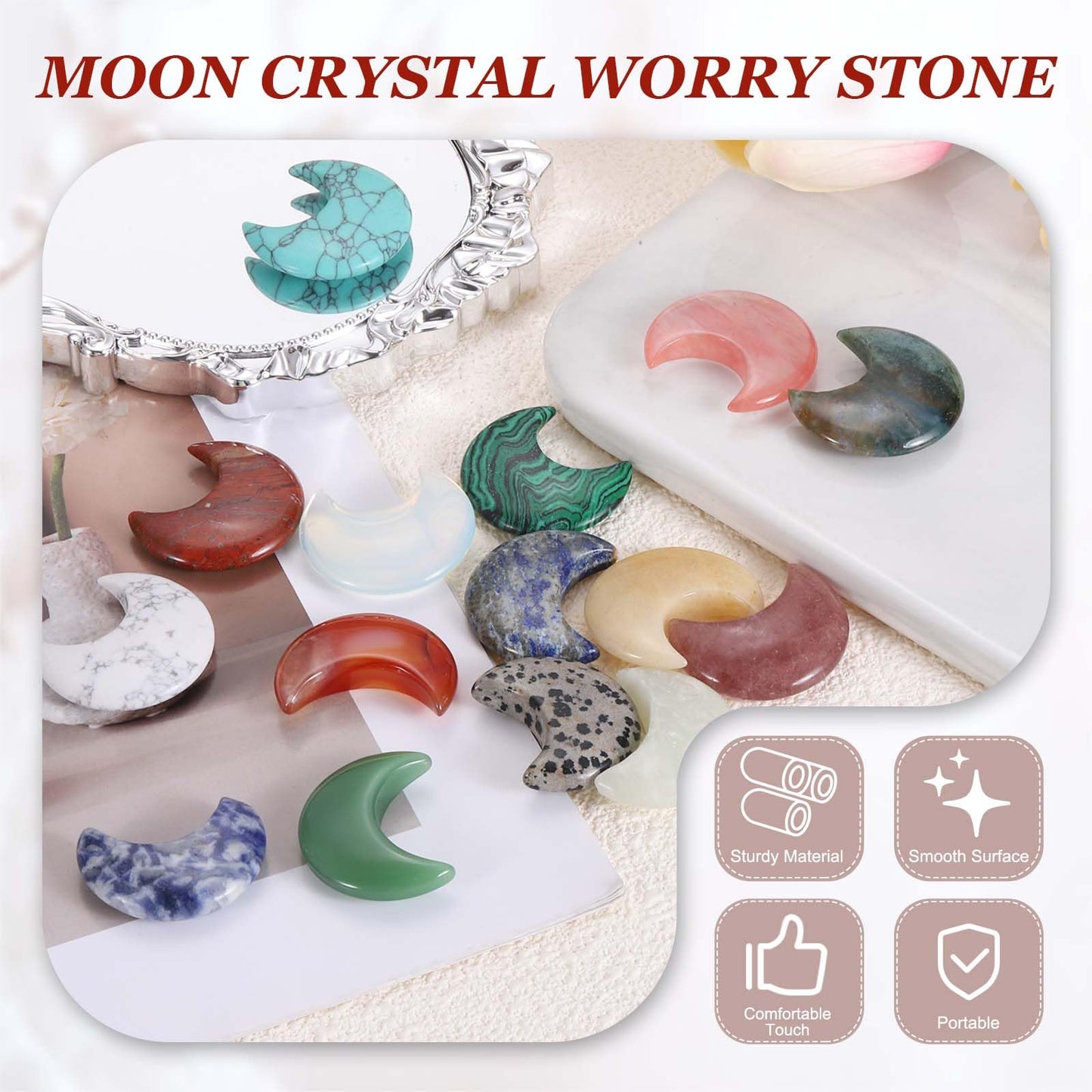 MECCANIXITY 5 Pcs Moon Crystal Worry Stone, 1.2 Inch Length Natural Red Jasper Moon Gemstone Bulk, Carved Pocket Stones for Meditation Balancing Pendant Decor