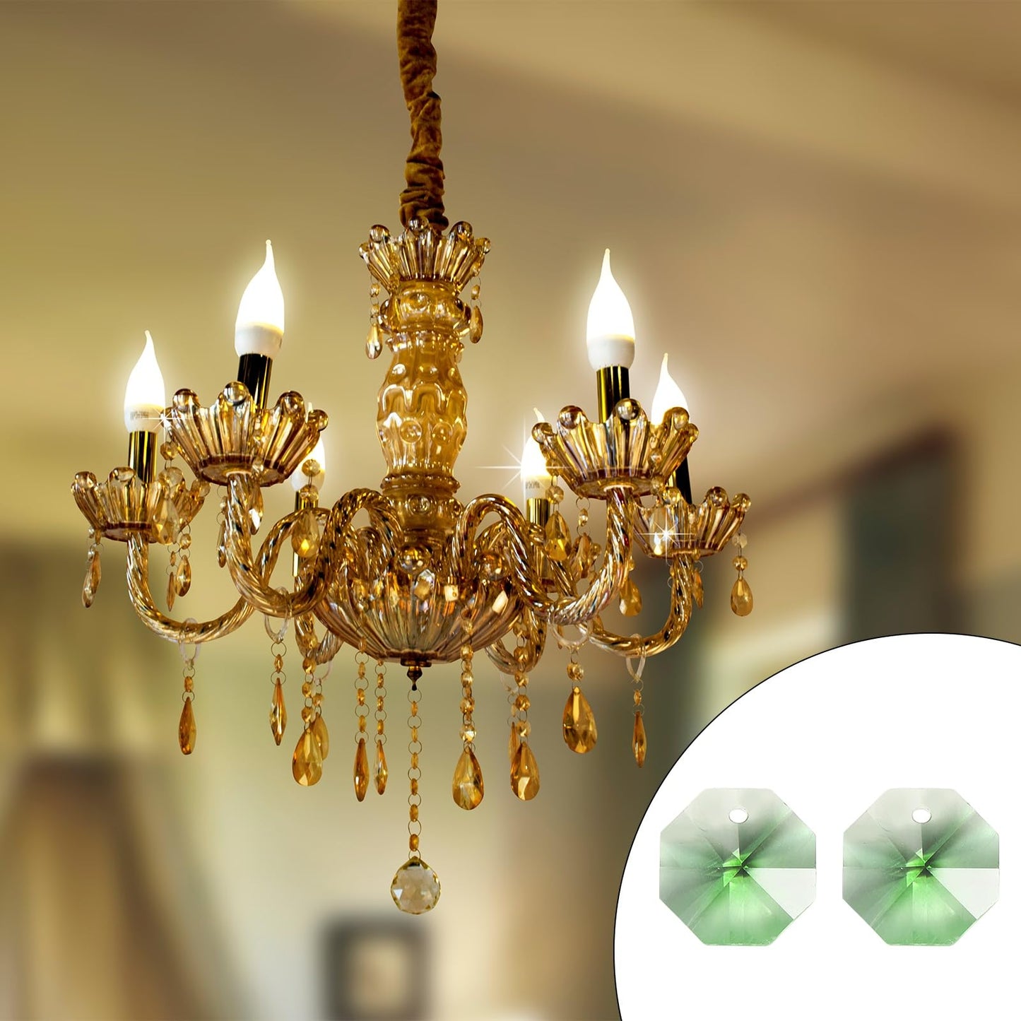 uxcell 50Pcs 1 Hole Crystal Octagon Beads, 14mm K9 Glass Hanging Chandelier Beads Prisms Parts for Crystal Chandeliers Lamp Hanging Pendant Jewelry DIY Craft, Fruit Green