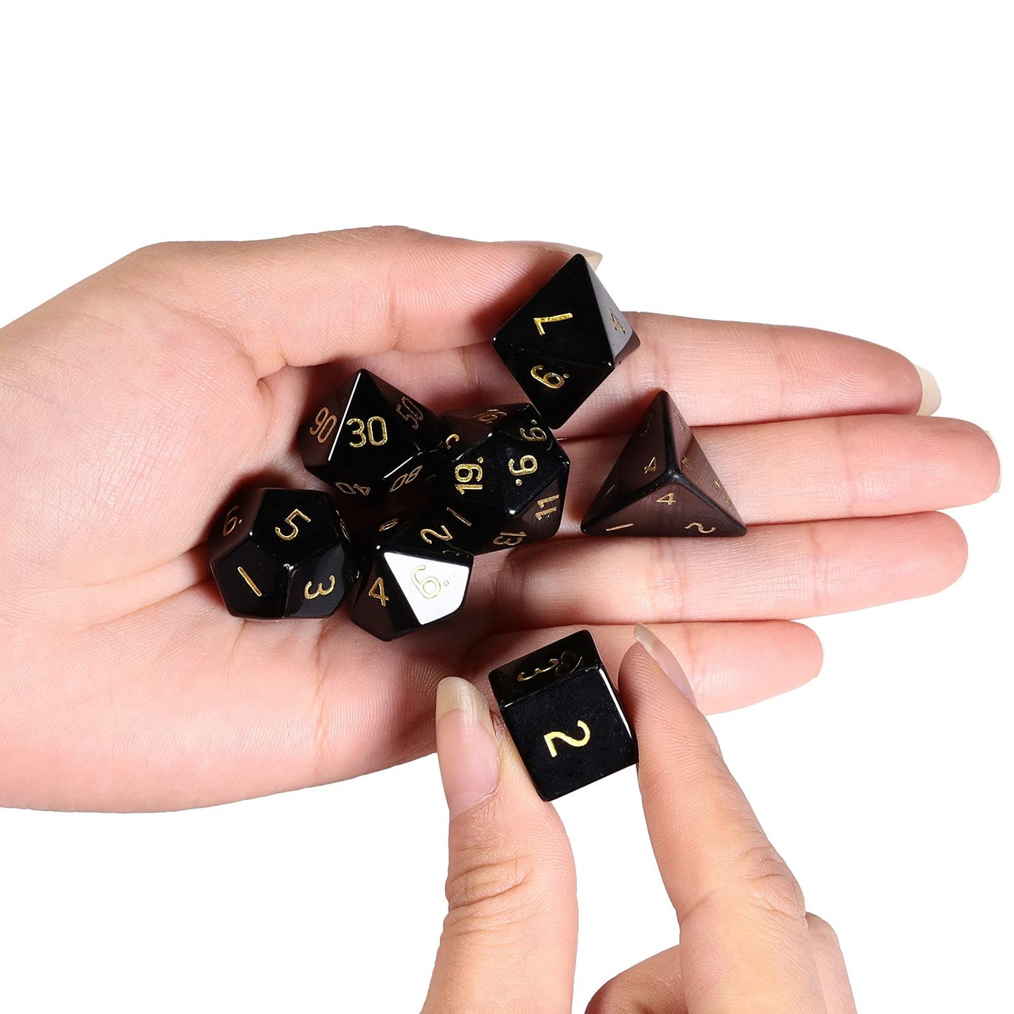 mookaitedecor 7 PCS Obsidian Crystal Polyhedral DND Dice Set, Polished Tumbled Stones Dices for RPG MTG Table Games Home Decoration