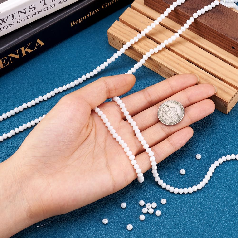 10 Strands Faceted Round White Glass Beads 4mm Rondelle Briolette AB Color Crystal Beads Bulk 1300pcs Tiny Loose Spacer Ball for Bracelets Jewelry Making