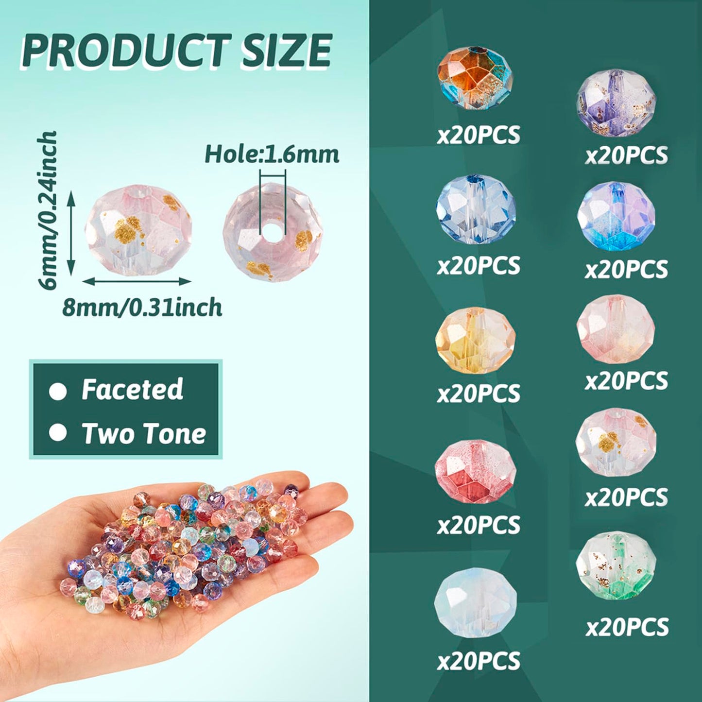 Elecrelive 200pcs Faceted Rondelle Beads 8mm Briolette Crystal Beads with Golden Foil Crystal Loose Beads for DIY Beading Bracelet Necklace Jewelry Making