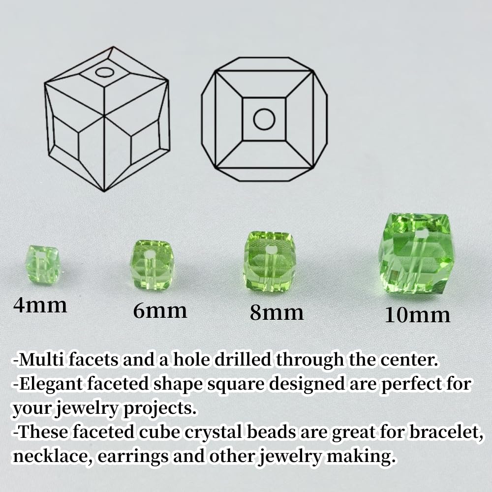 YUEXIGO 100pcs 8mm Cube Crystal Glass Beads for Jewelry Making Faceted Square Crystal Glass Bead Spacer Beads Loose Beads for Bracelet Earring Necklace DIY Craft(Light Green)